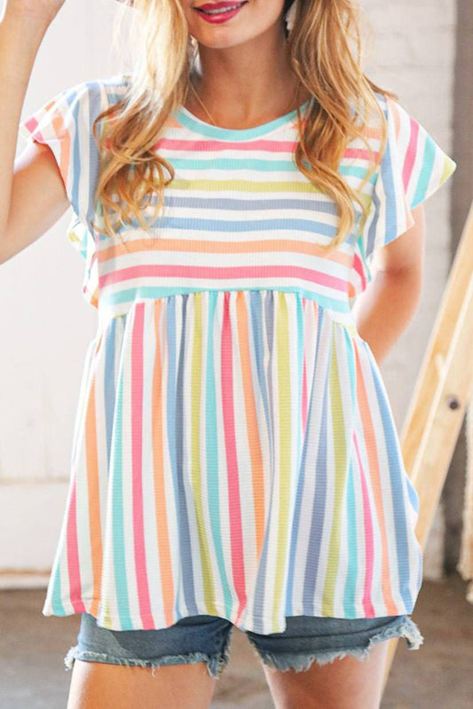 Multicolor Stripe Print Textured Knit Babydoll Blouse Blouses & Shirts JT's Designer Fashion