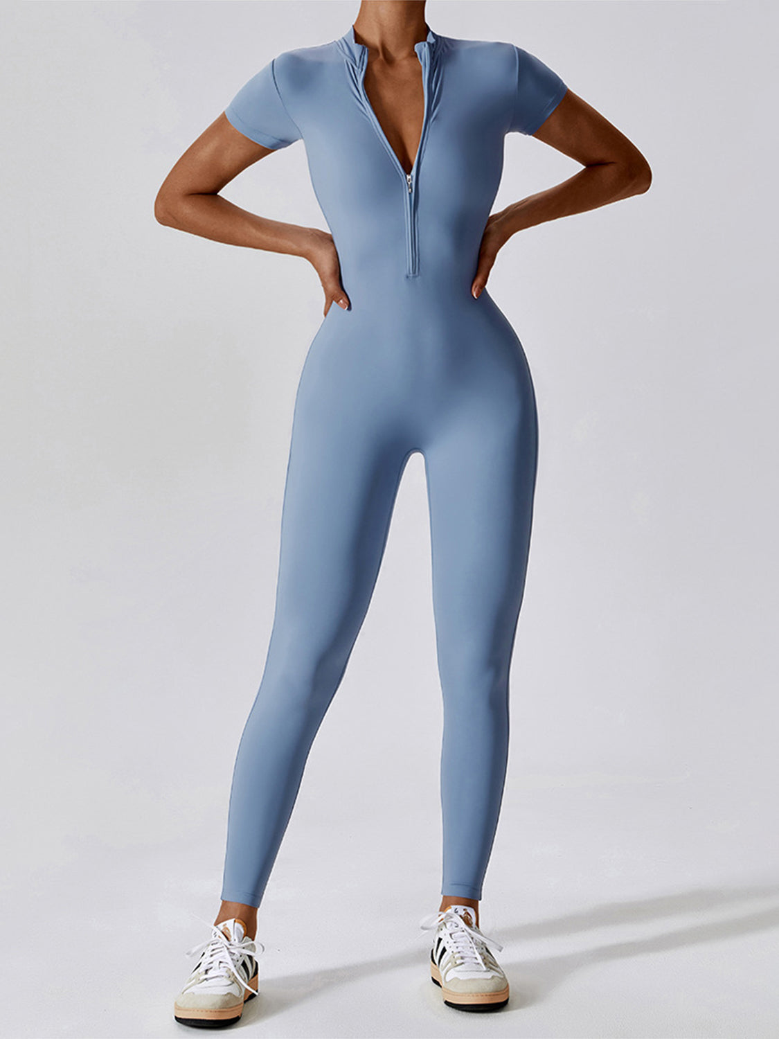 Basic Bae Half Zip Short Sleeve Active Jumpsuit Misty Blue Jumpsuits & Rompers JT's Designer Fashion