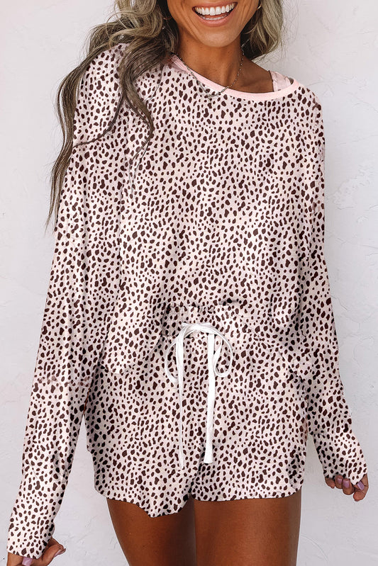 Apricot Leopard Printed Long Sleeve Top and Shorts Set Loungewear JT's Designer Fashion