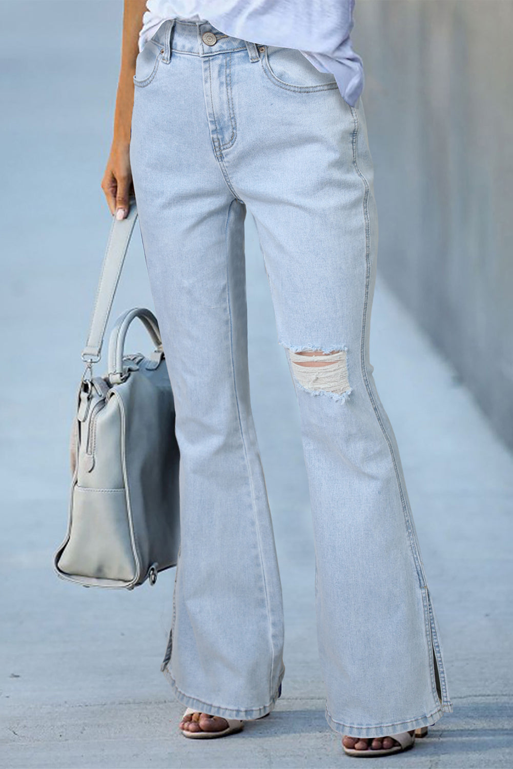 Sky Blue Black Ripped Slit Legs Flare Jeans Jeans JT's Designer Fashion