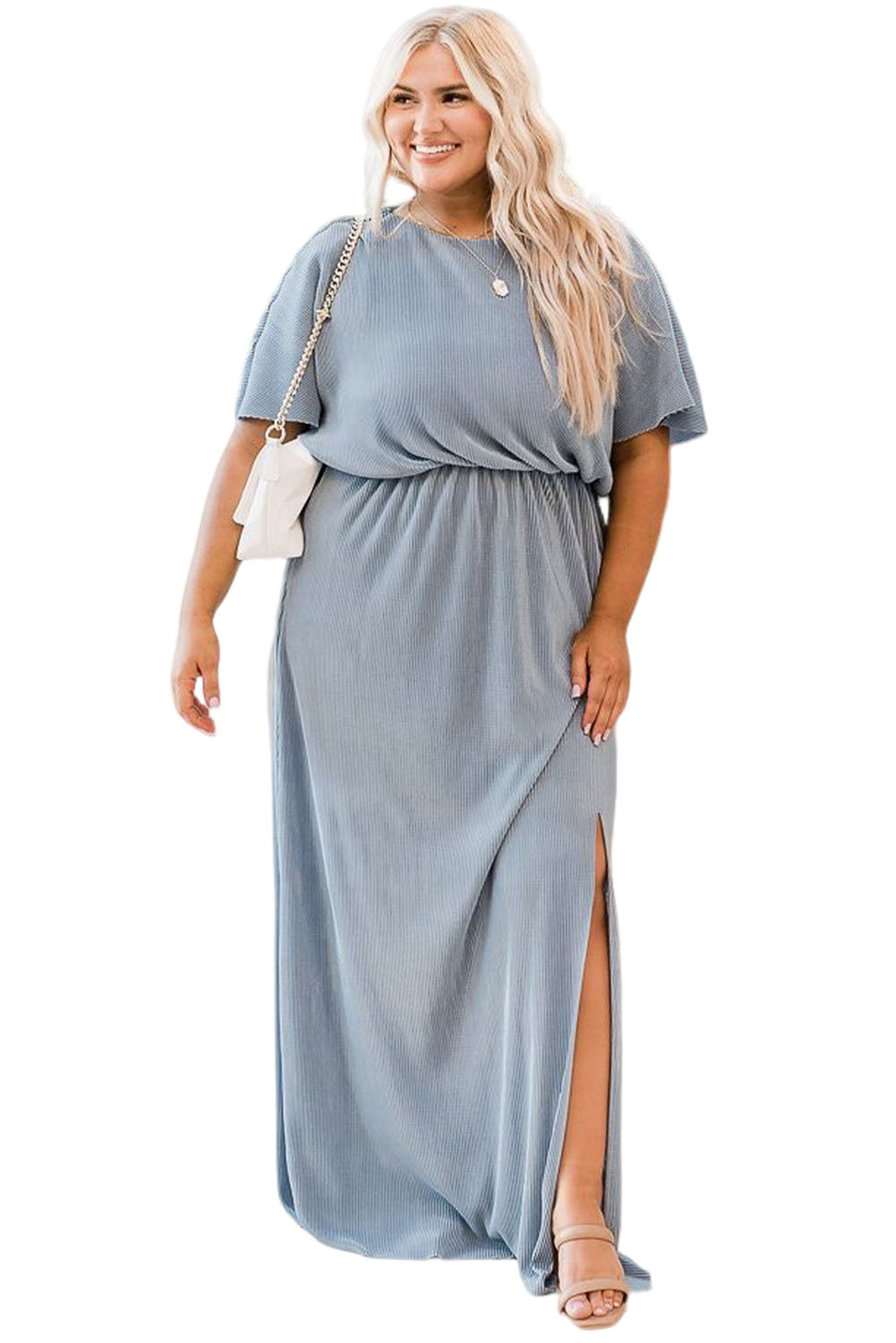 Sky Blue Plus Size Short Sleeves Rib Knit Maxi Dress with Slit Plus Size Dresses JT's Designer Fashion