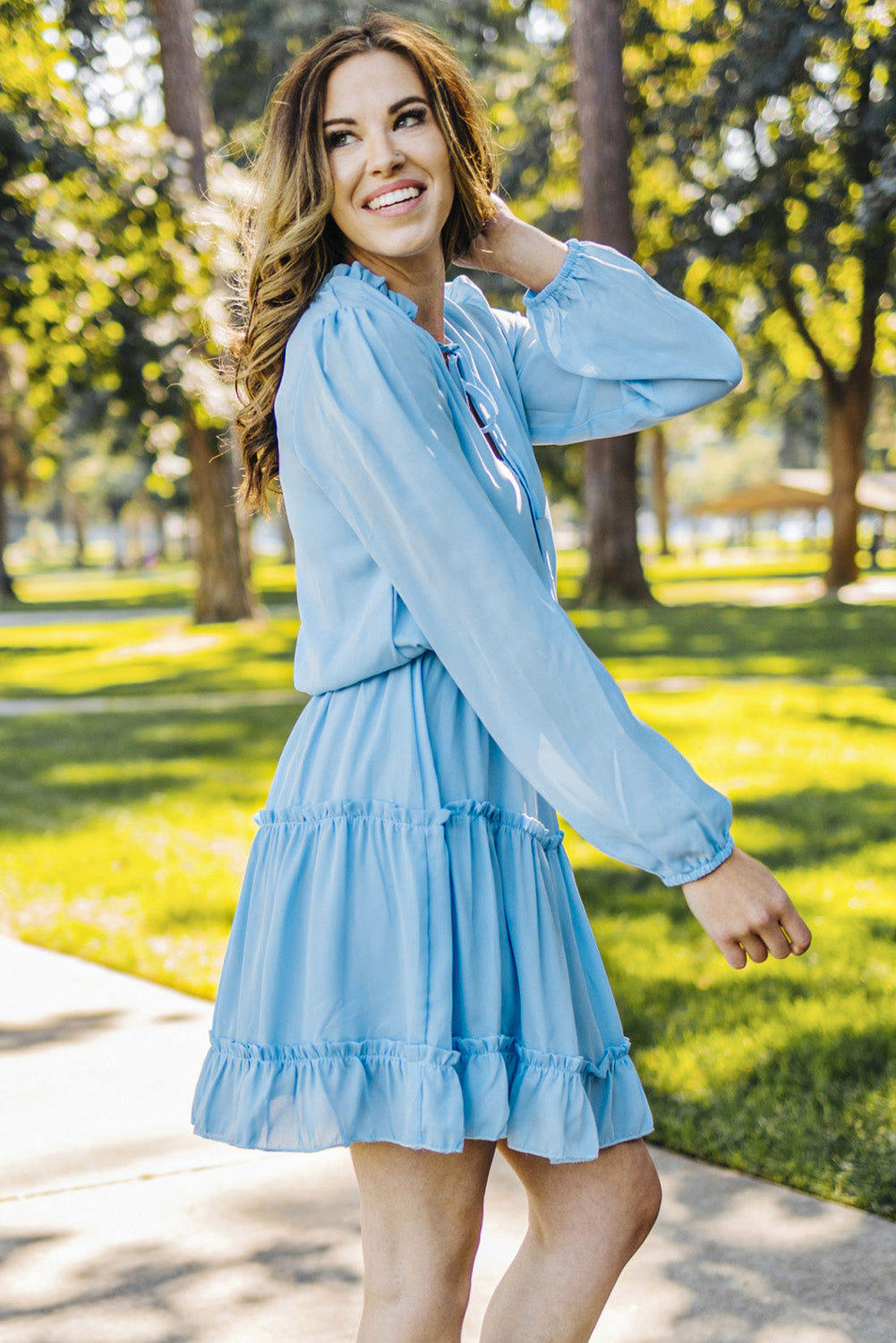 Light Blue V Neck Long Sleeve Ruffle Tiered Mini Dress Mini Dresses JT's Designer Fashion