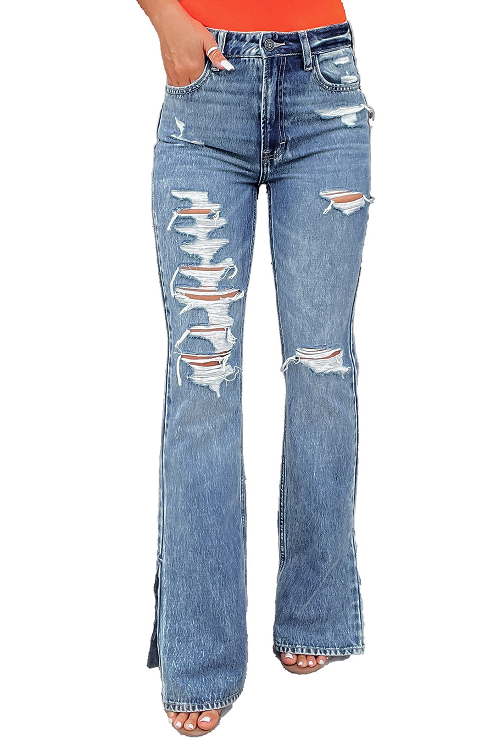 Distressed Ripped Leg Slit Jeans Jeans JT's Designer Fashion