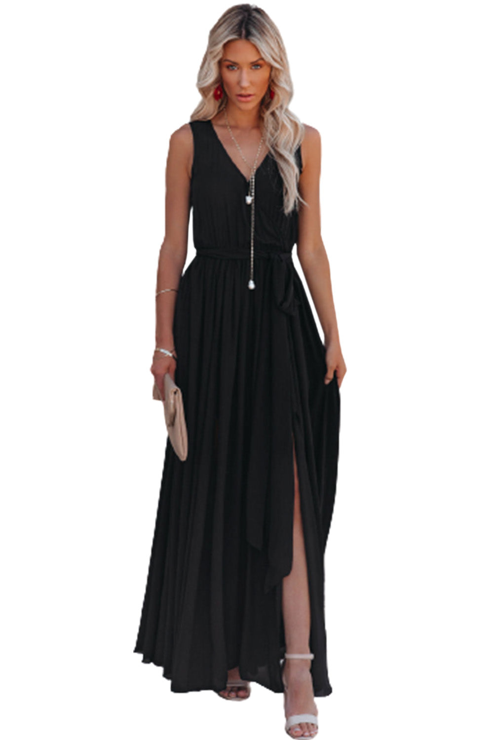Black V Neck Sleeveless Maxi Dress with Slit Maxi Dresses JT's Designer Fashion