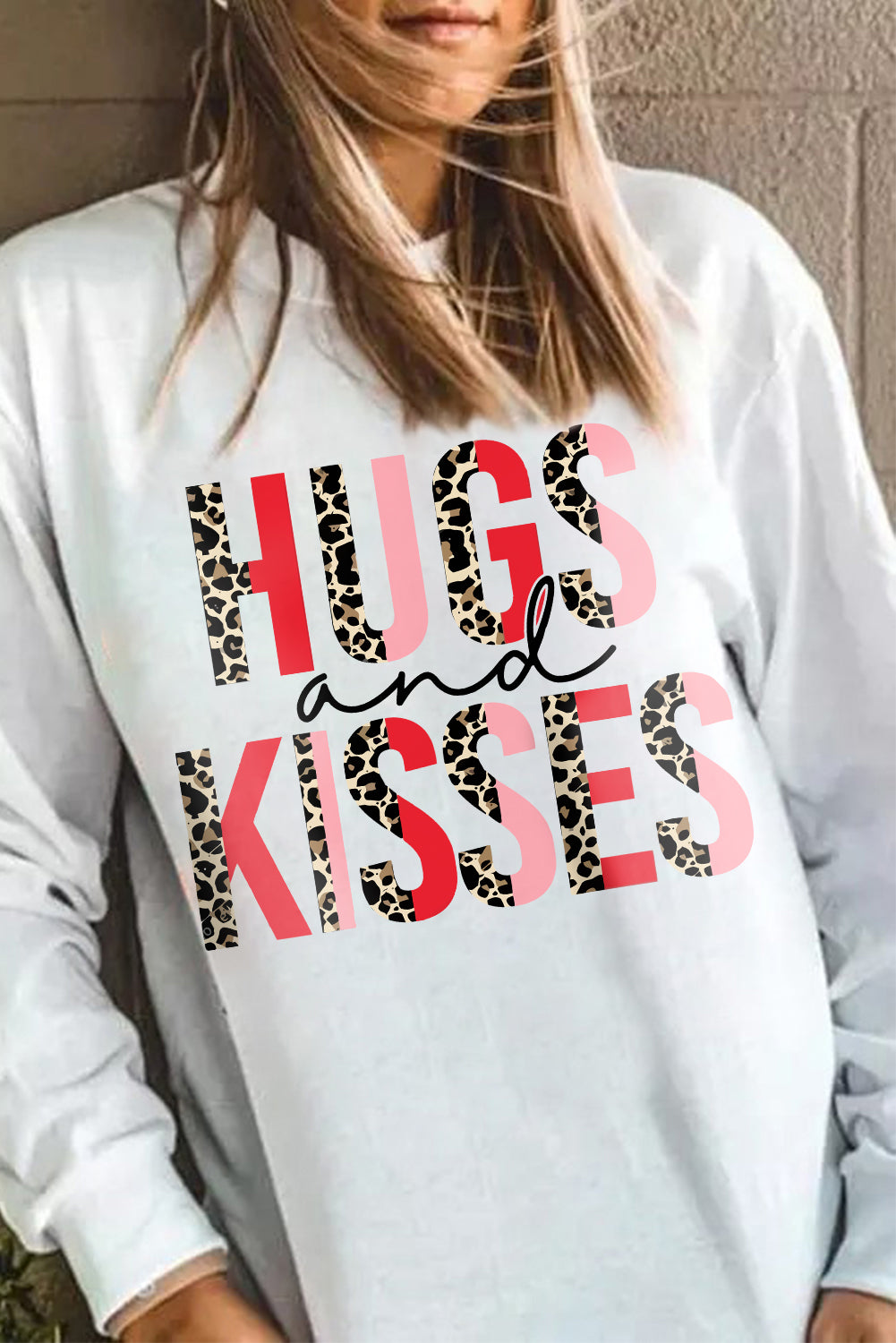 White HUGS and KISSES Leopard Long Sleeve Sweatshirt Graphic Sweatshirts JT's Designer Fashion
