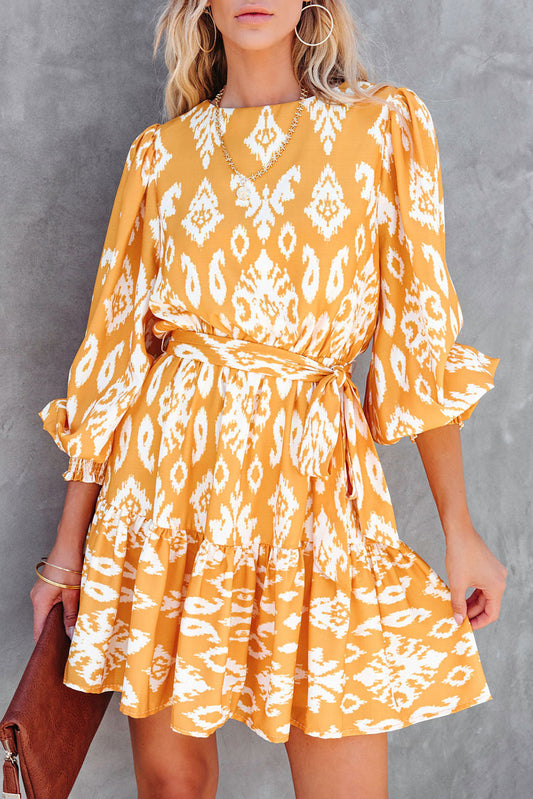 Yellow Ethnic Vibe Printed Sash Mini Dress Mini Dresses JT's Designer Fashion