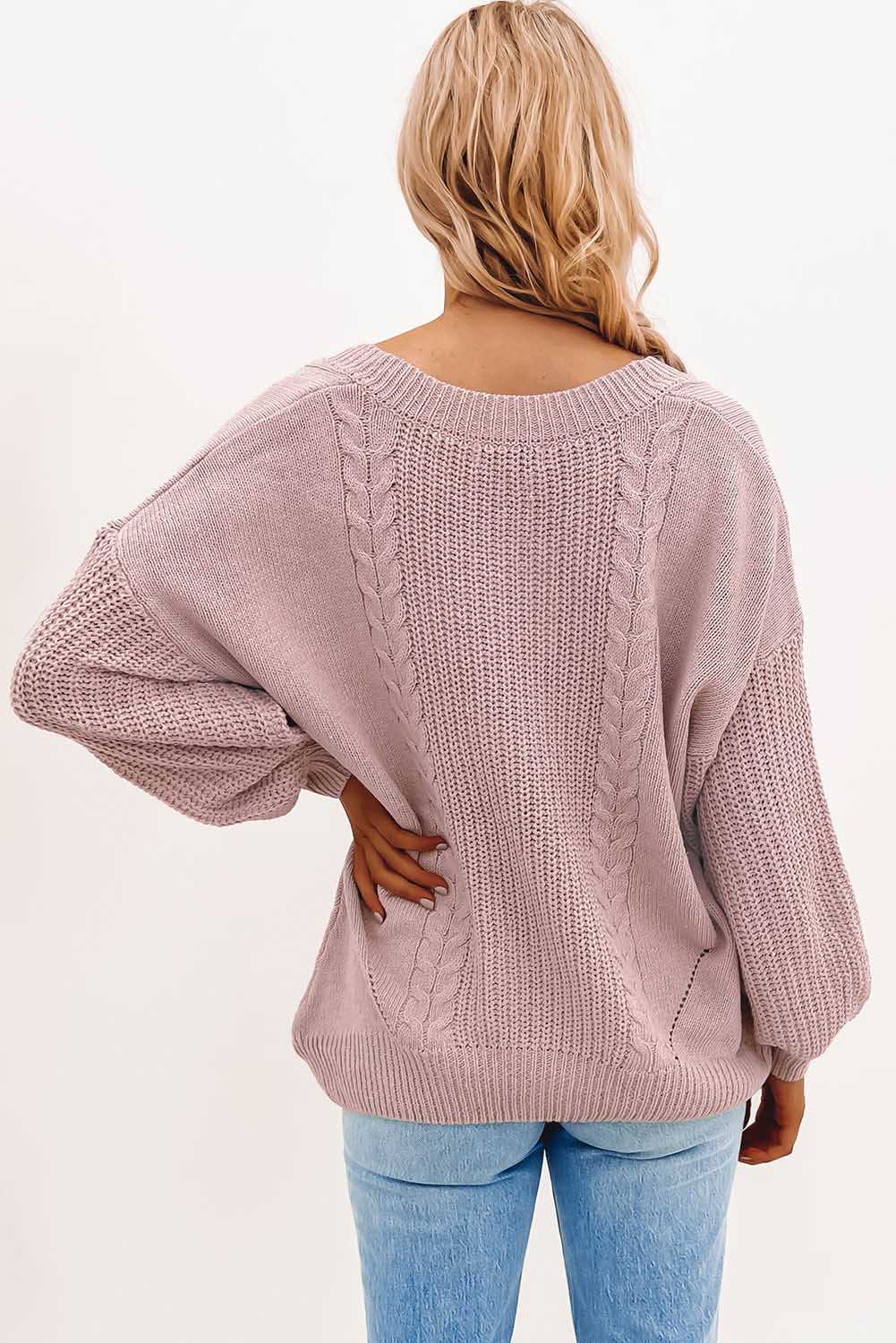 Pink V-Neck Long Sleeve Cable Knit Sweater Pre Order Sweaters & Cardigans JT's Designer Fashion