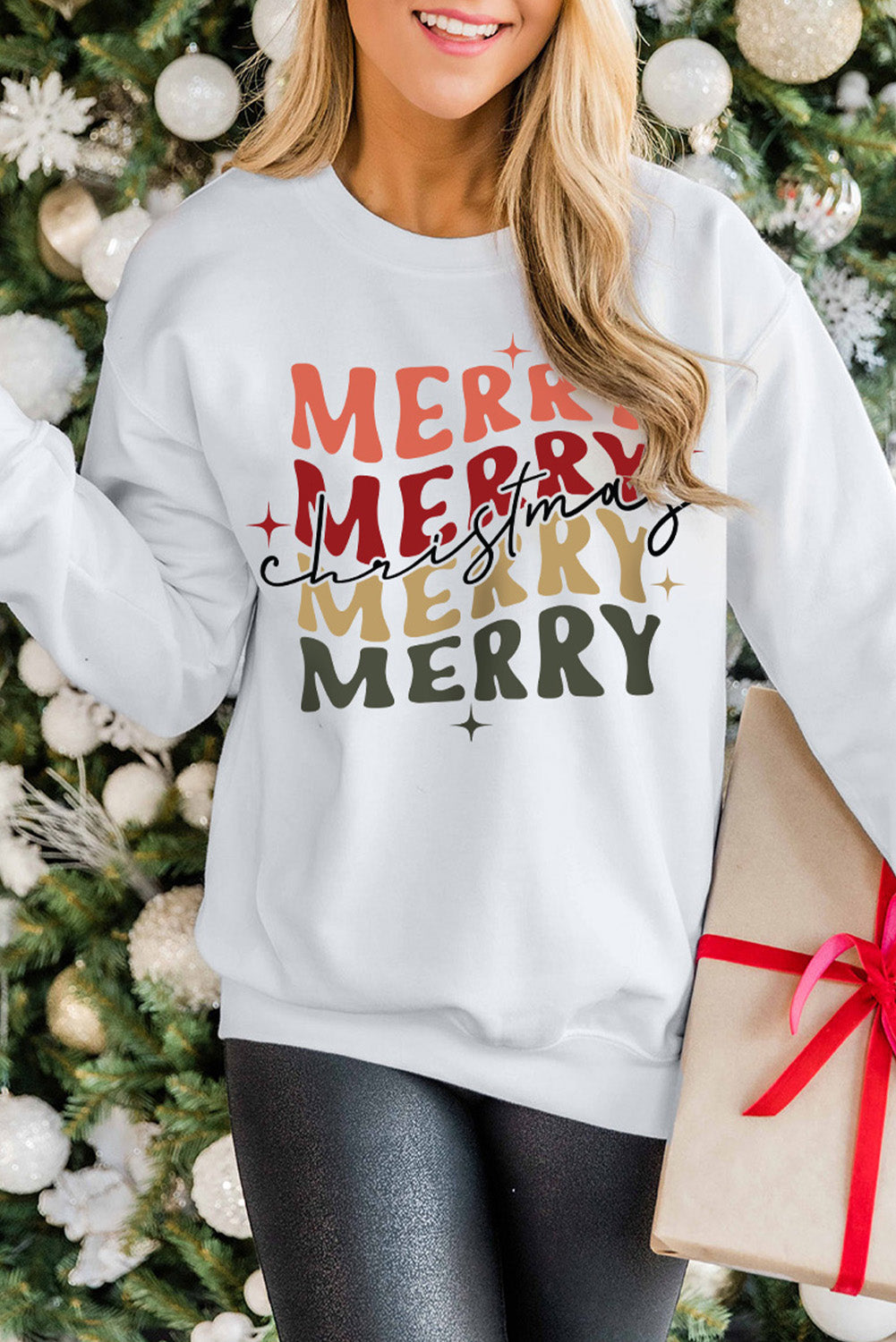 Beige MERRY Christmas Letter Graphic Print Pullover Sweatshirt Beige 70%Polyester+30%Cotton Graphic Sweatshirts JT's Designer Fashion