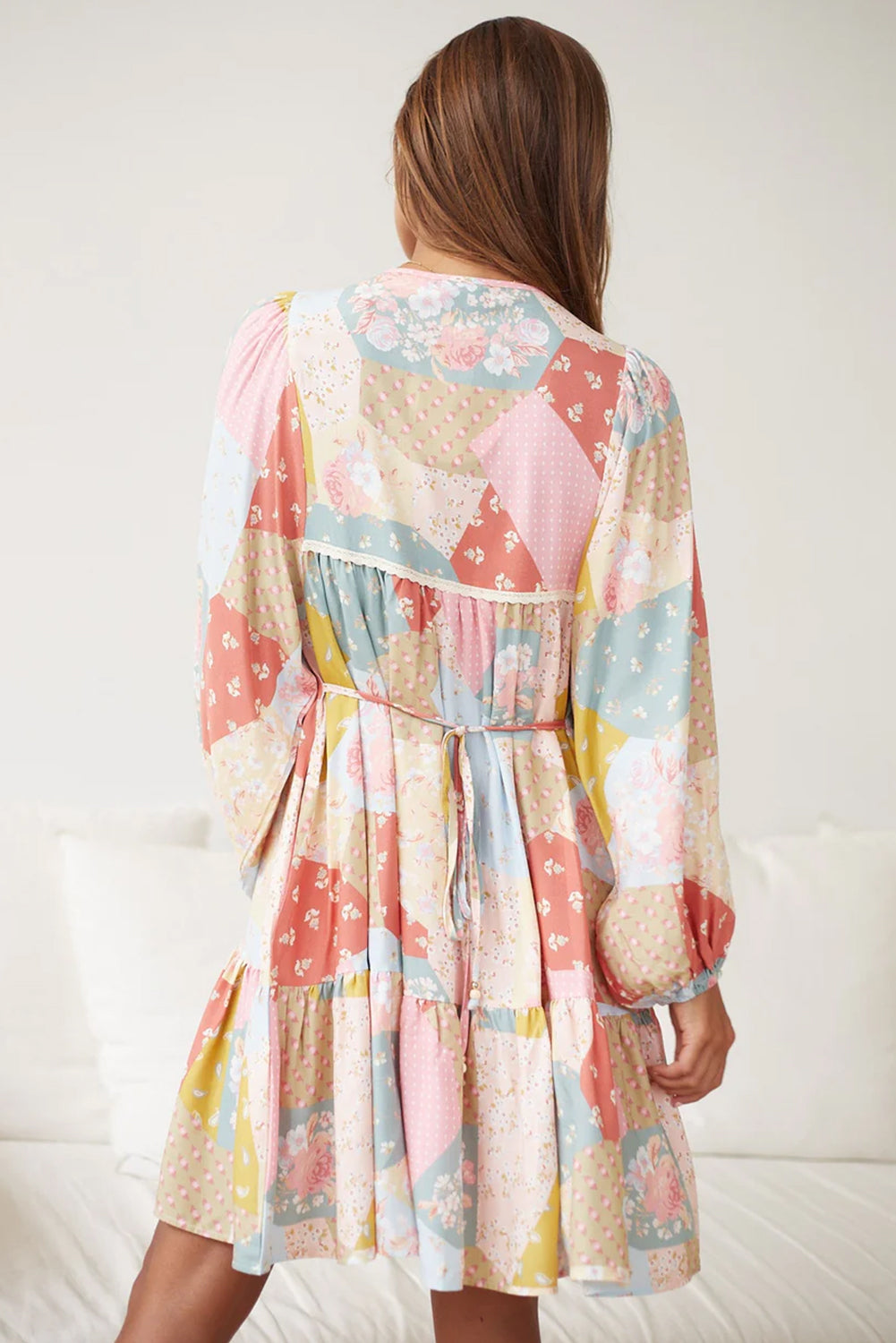 Multicolor Floral Puff Sleeve Buttoned V-Neck Dress Floral Dresses JT's Designer Fashion