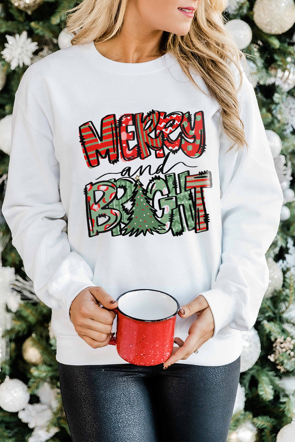 White Merry Bright Christmas Graphic Print Pullover Sweatshirt White 70%Polyester+30%Cotton Graphic Sweatshirts JT's Designer Fashion