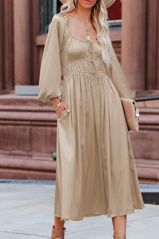 Apricot Satin High Waist Drawstring Flared Dress Dresses JT's Designer Fashion