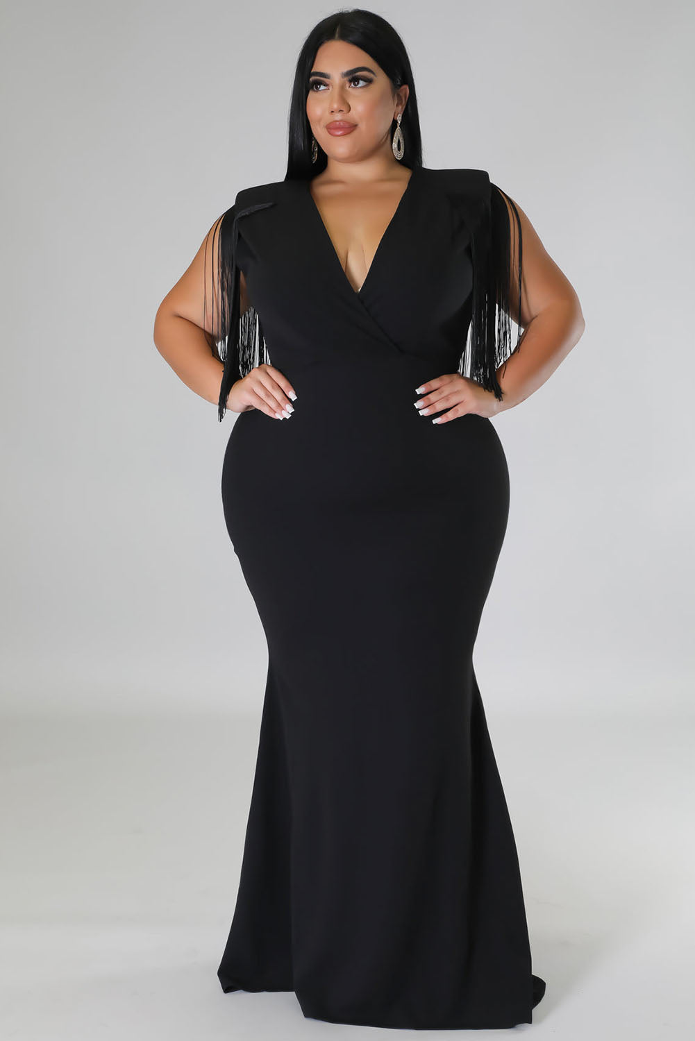 Black Plus Size Surplice V Neck Fringe Formal Maxi Dress Plus Size Dresses JT's Designer Fashion
