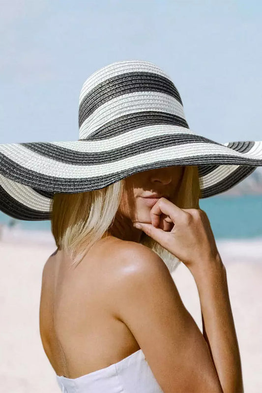 Black Striped Print Wide Brim Sun-proof Straw Hat Hats & Caps JT's Designer Fashion