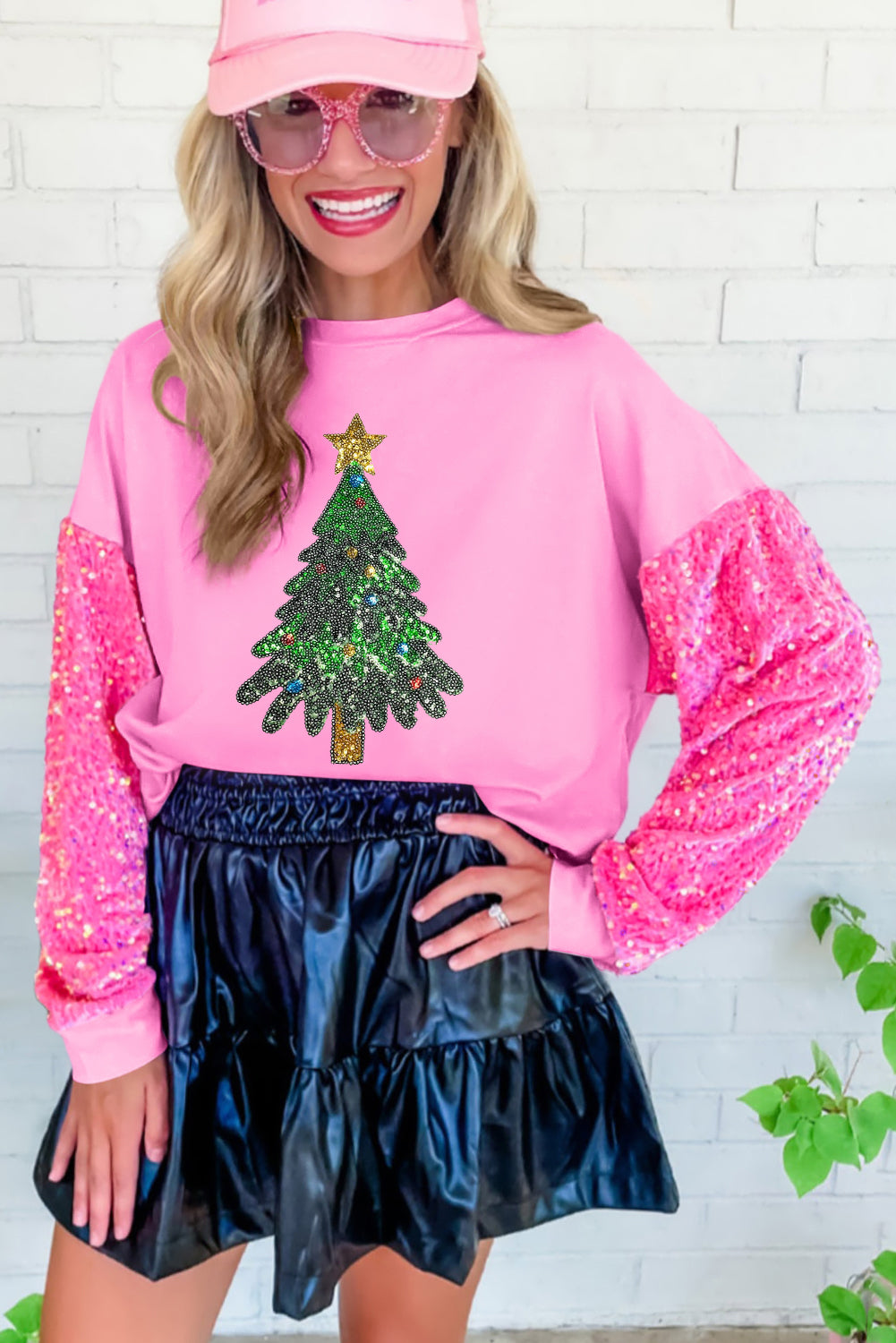 Pink Christmas Tree Sequin Sleeve Patched Graphic Sweatshirt Graphic Sweatshirts JT's Designer Fashion