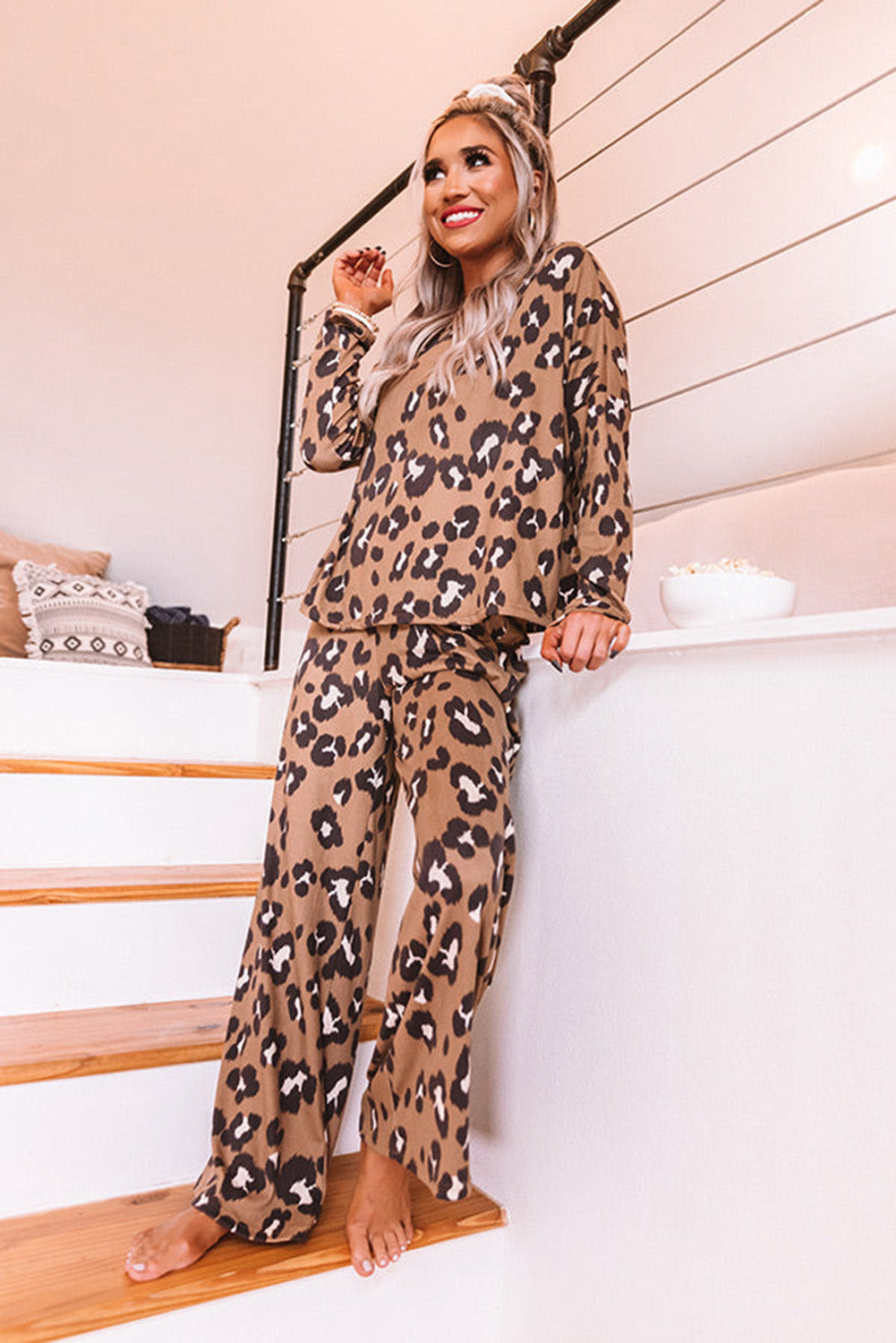 Brown Leopard Print Long Sleeve Pullover and Pants Outfit Loungewear JT's Designer Fashion
