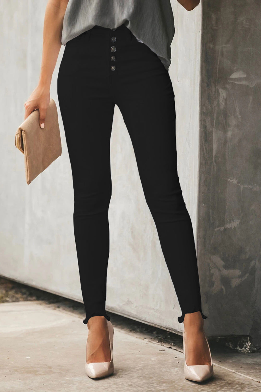 Black Plain High Waist Buttons Frayed Cropped Denim Jeans Jeans JT's Designer Fashion