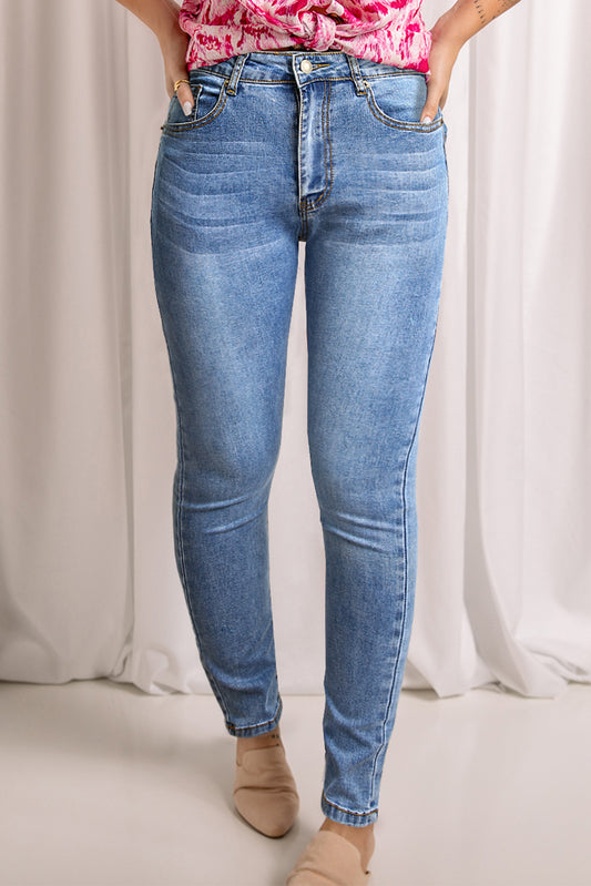 Sky Blue Light Blue Washed Mid Waist Skinny Jeans Jeans JT's Designer Fashion