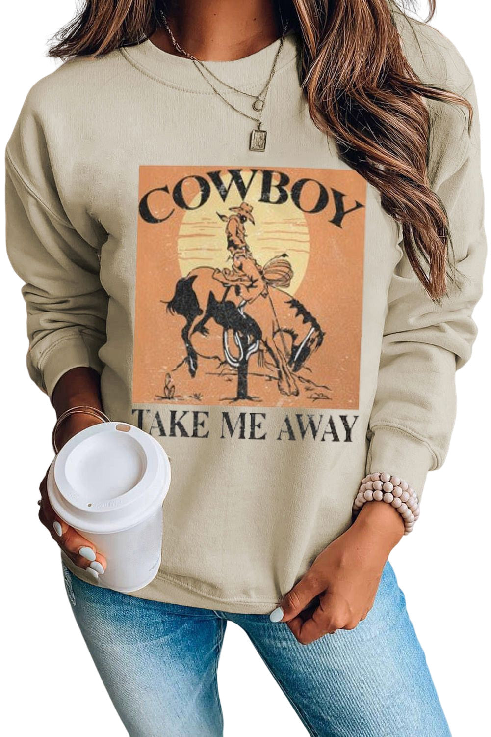 Khaki COWBOY Take Me Away Graphic Print Pullover Sweatshirt Graphic Sweatshirts JT's Designer Fashion