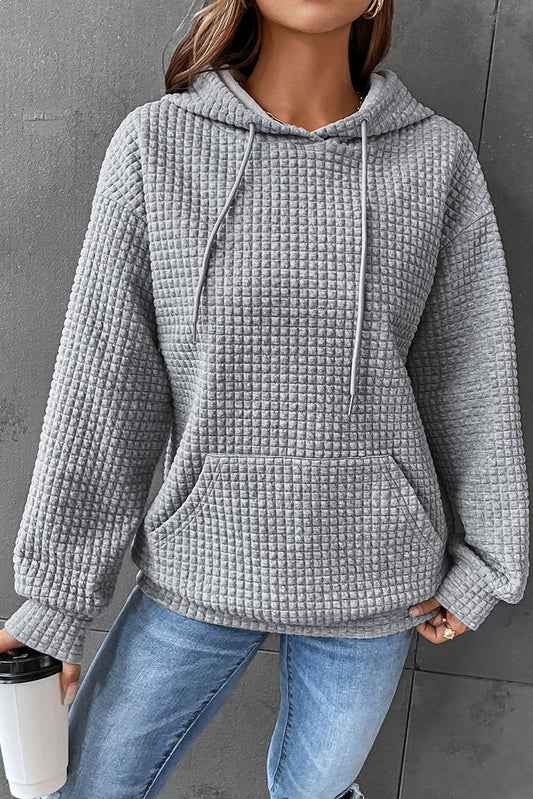 Gray Lattice Texture Kangaroo Pocket Drawstring Hoodie Pre Order Sweatshirts & Hoodies JT's Designer Fashion