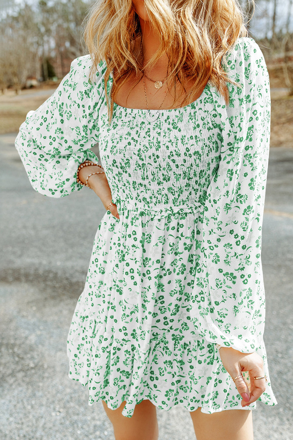 Bright Green Boho Floral Smocked Puff Sleeve Mini Dress Pre Order Dresses JT's Designer Fashion