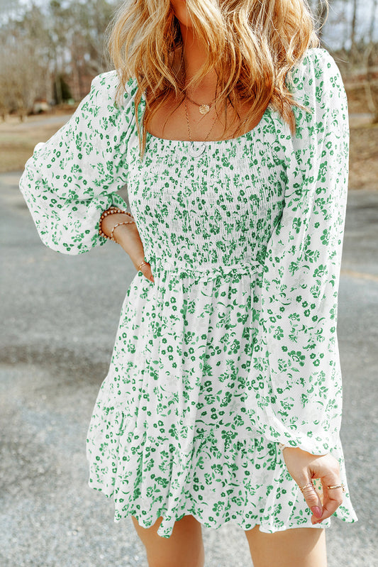 Bright Green Boho Floral Smocked Puff Sleeve Mini Dress Dresses JT's Designer Fashion