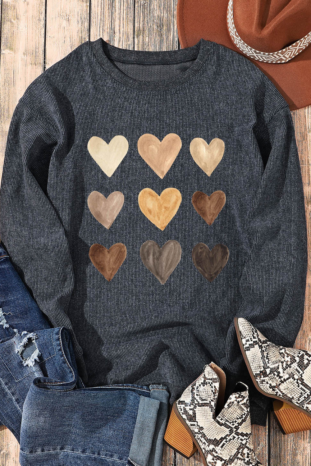 Gray Valentine Heart Graphic Corded Sweatshirt Graphic Sweatshirts JT's Designer Fashion