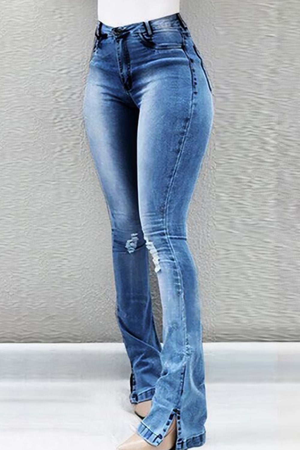 Sky Blue Split Hem Ripped High Waist Flare Jeans Sky Blue 72%Cotton+26%Polyester+2%Elastane Jeans JT's Designer Fashion