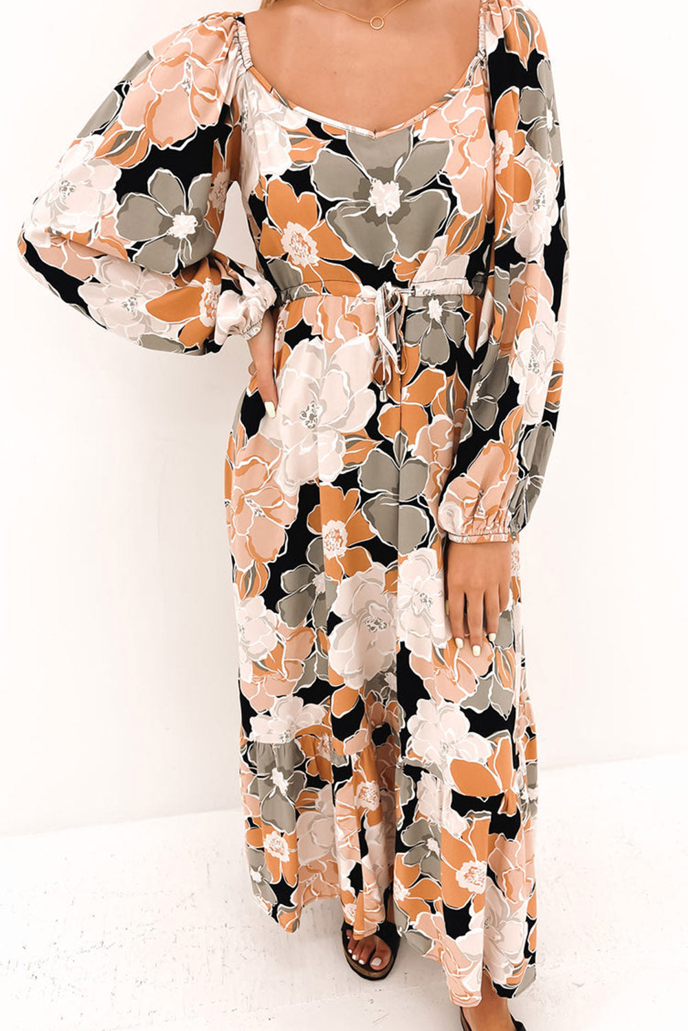 Sheepskin Tie Waist Puff Sleeve Bold Floral Maxi Dress Dresses JT's Designer Fashion