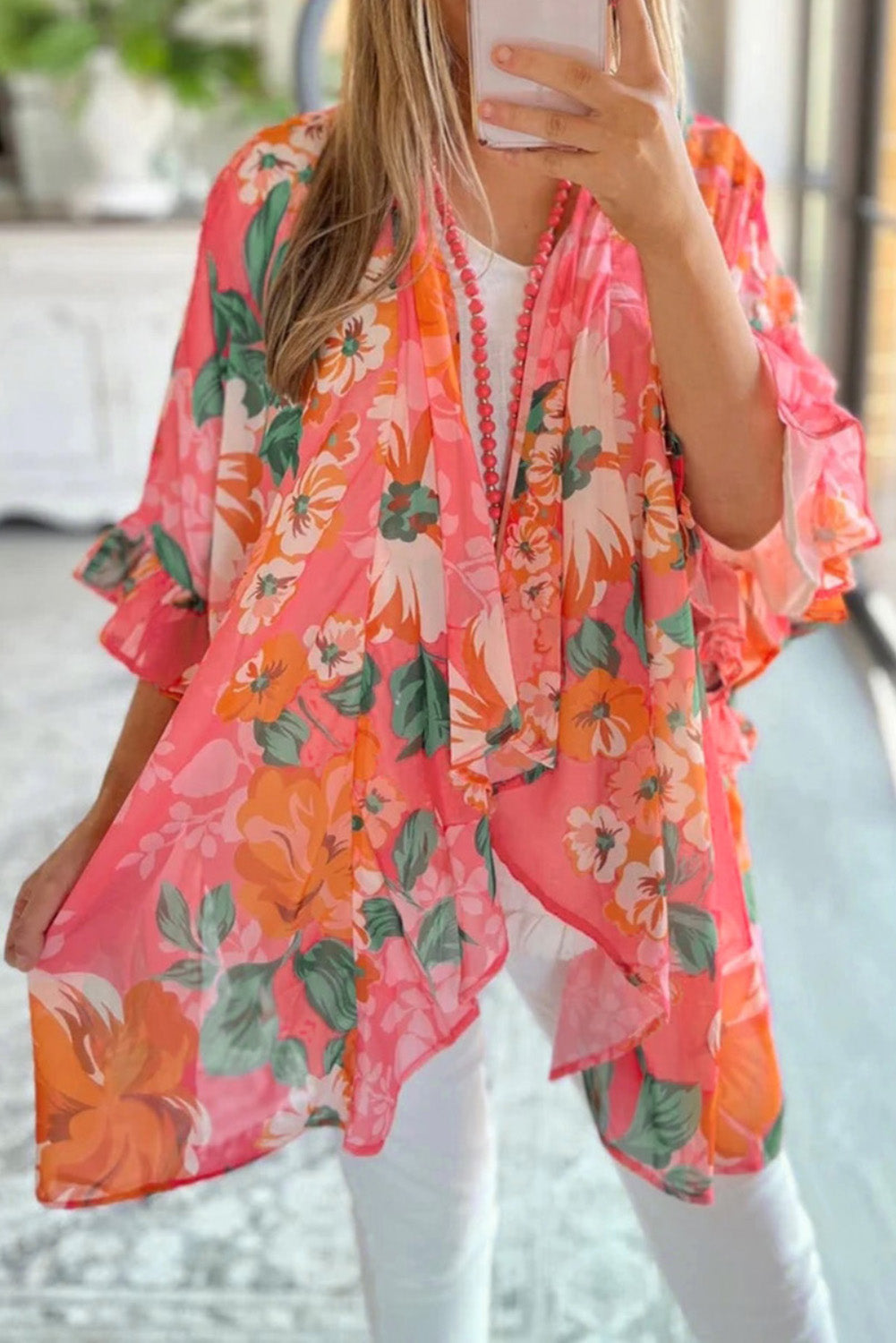 Pink Floral Print Ruffled 3/4 Sleeve Loose Fit Kimono Kimonos JT's Designer Fashion