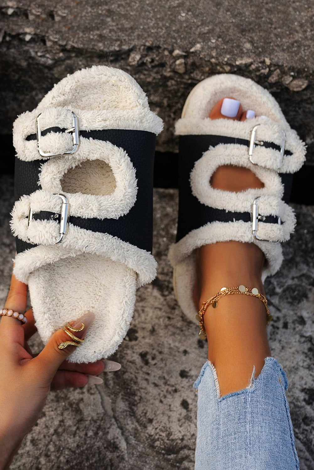 White Color Block Buckle Decor Fuzzy Slippers Slippers JT's Designer Fashion