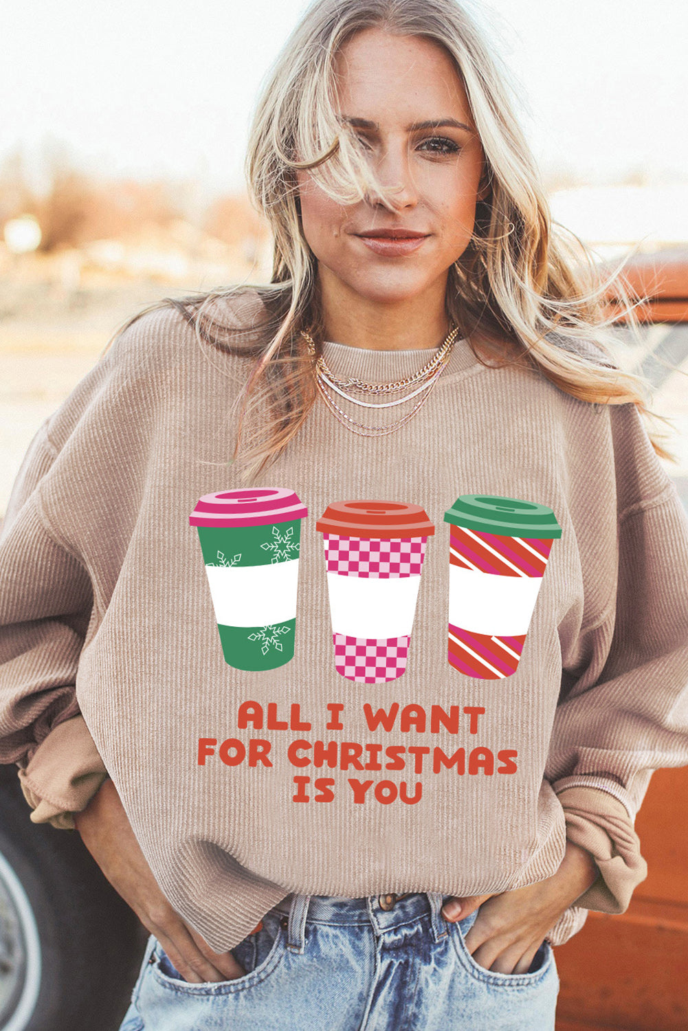 Apricot All I Want For Christmas Is You Ribbed Pullover Sweatshirt Graphic Sweatshirts JT's Designer Fashion