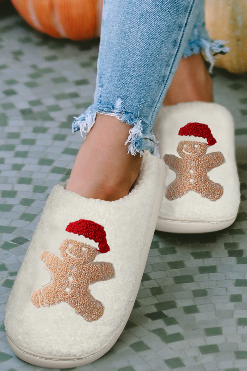White Christmas Gingerbread Man Plush Home Slippers Slippers JT's Designer Fashion