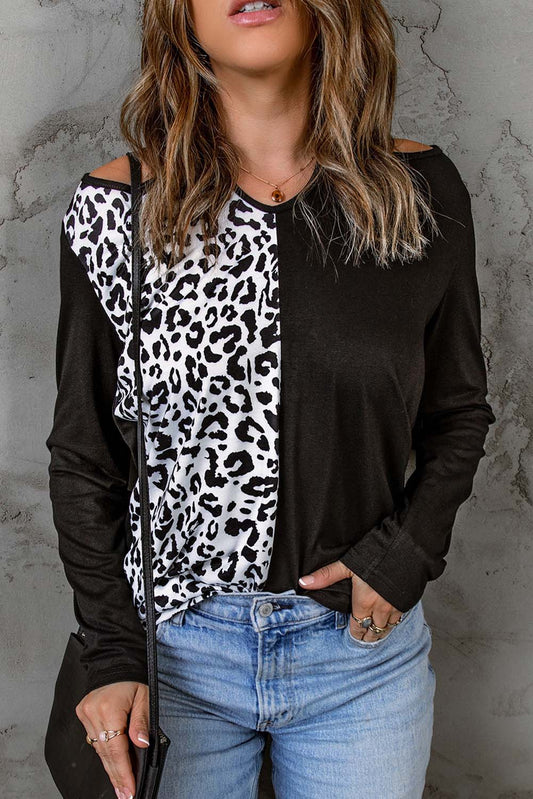 Black Leopard Color Block Cut Out Long Sleeve Top Black 95%Polyester+5%Elastane Long Sleeve Tops JT's Designer Fashion