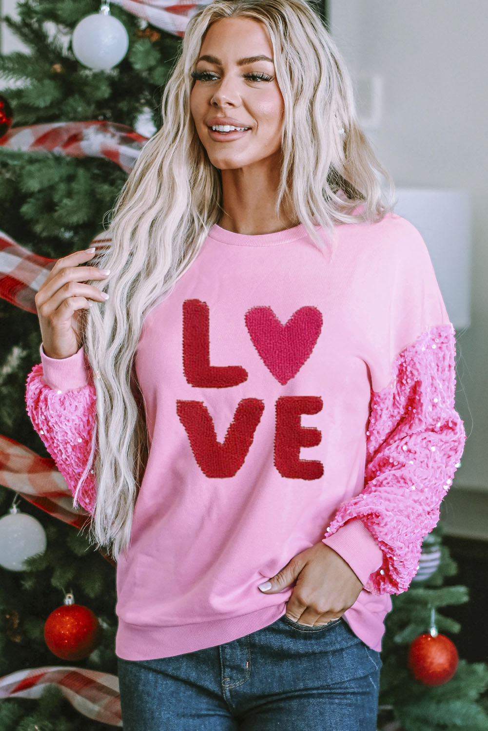 Pink Valentines LOVE Graphic Sequin Sleeve Top Pink 65%Polyester+35%Cotton Graphic Sweatshirts JT's Designer Fashion