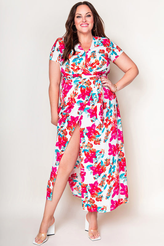 Rose Plus Size Floral Print Wrap Slit Dress Plus Size Dresses JT's Designer Fashion