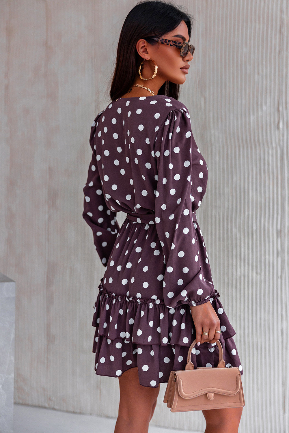 Brown Polka Dot Print Lace-up Ruffled Mini Dress Mini Dresses JT's Designer Fashion