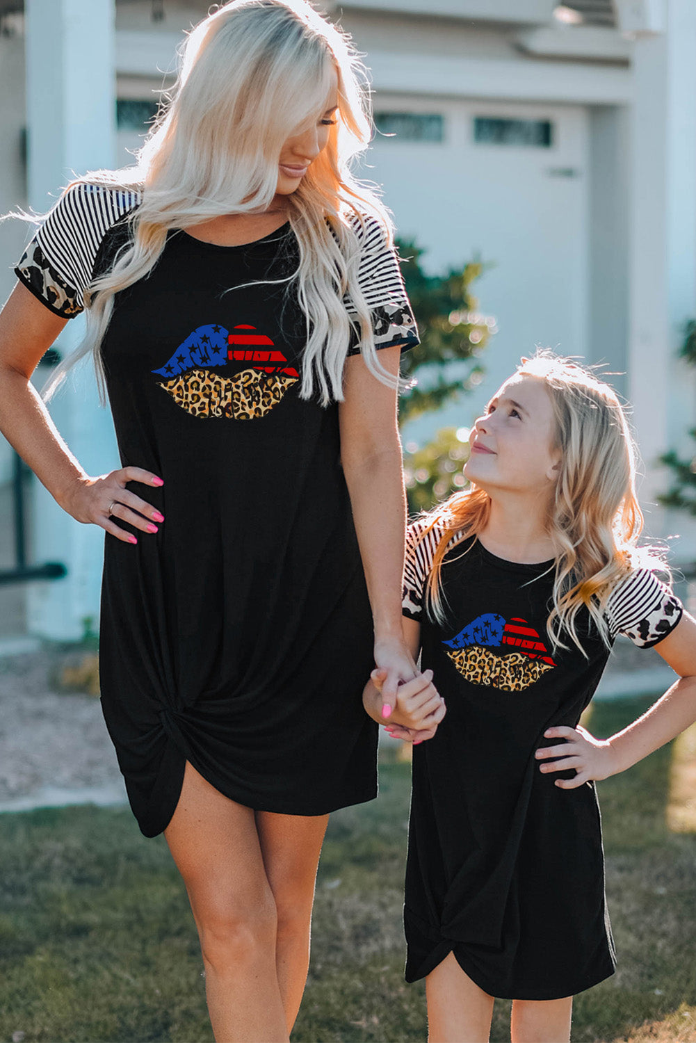 Black American Flag Leopard Lip Print Ruched T Shirt Dress Family Dress JT's Designer Fashion