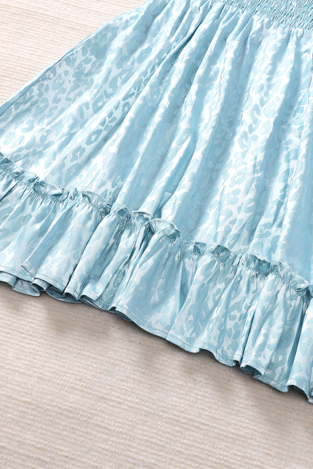 Sky Blue Split Sleeves Smocked Waist Leopard Satin Dress Mini Dresses JT's Designer Fashion