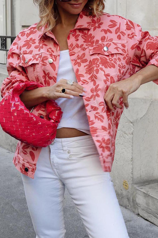 Pink Floral Print Pockets Buttoned Denim Jacket Outerwear JT's Designer Fashion