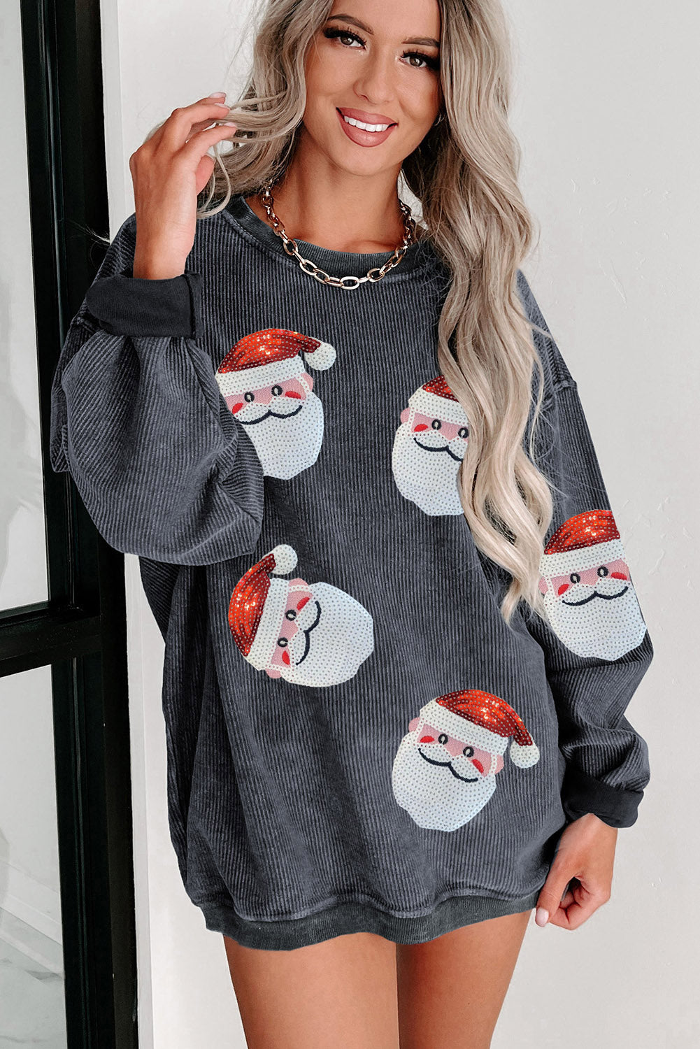 Gray Sequined Santa Claus Corded Christmas Sweatshirt Graphic Sweatshirts JT's Designer Fashion
