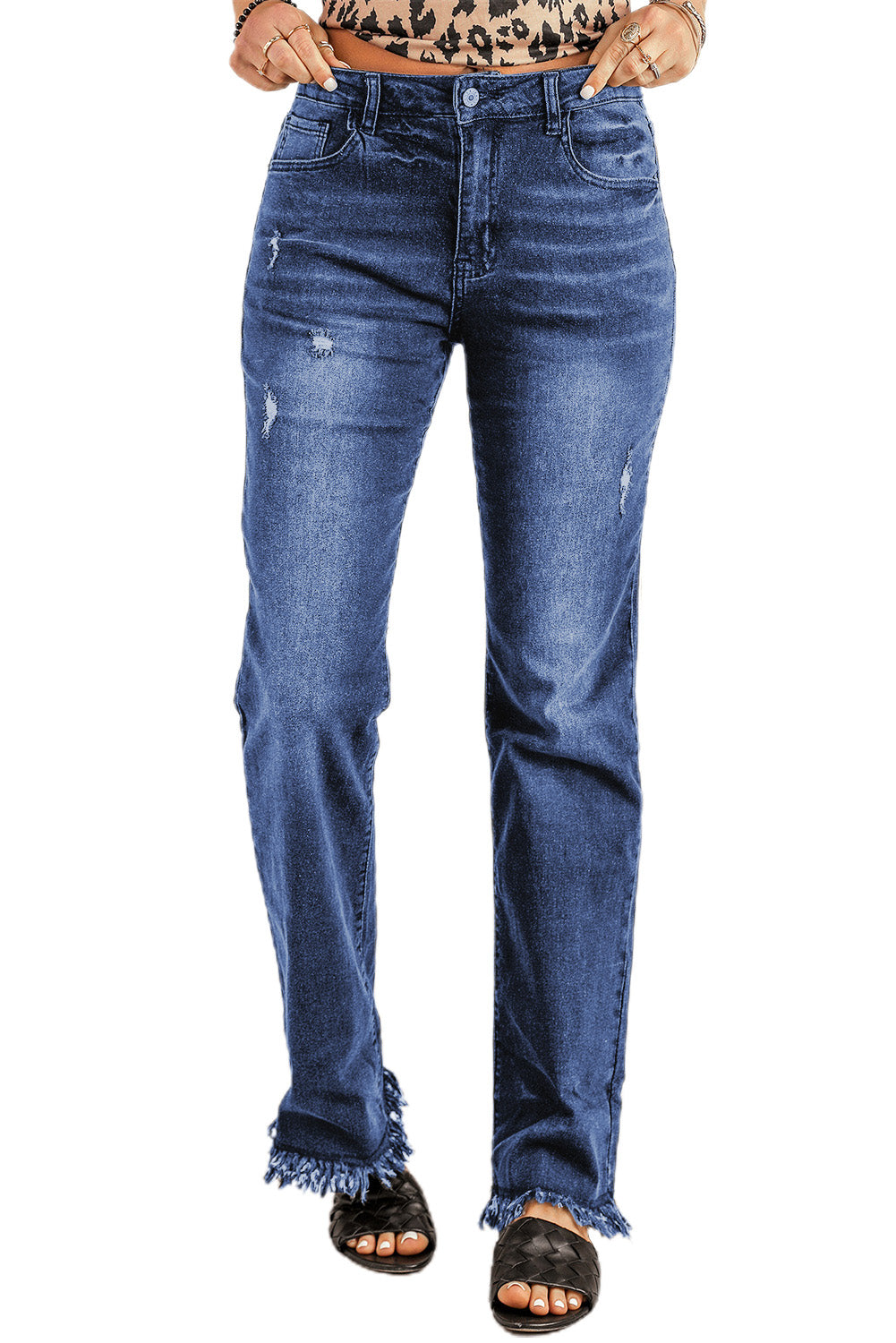Blue Raw Hem Straight Leg Jeans Jeans JT's Designer Fashion