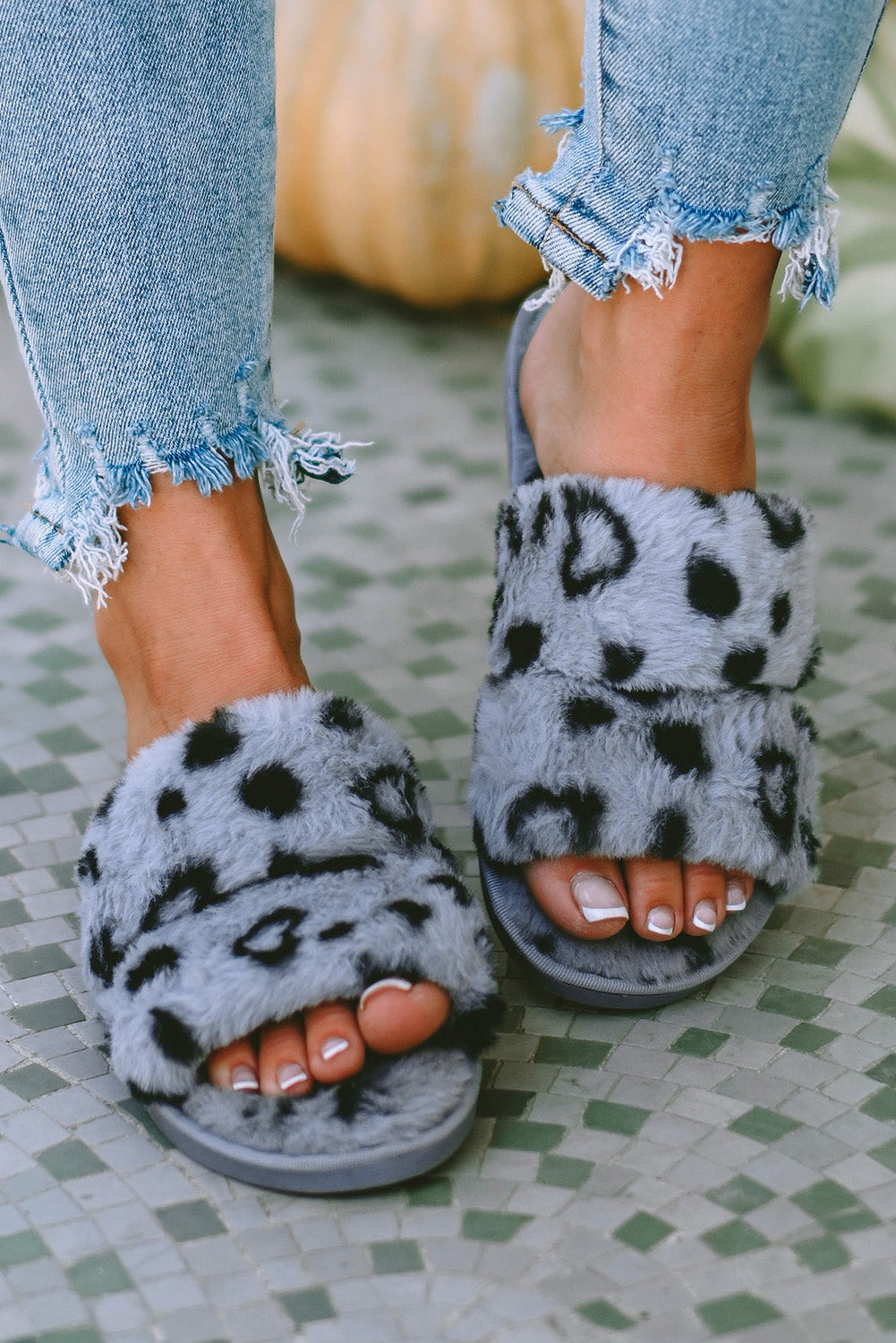 Leopard Peep Toe Plush Slippers Slippers JT's Designer Fashion