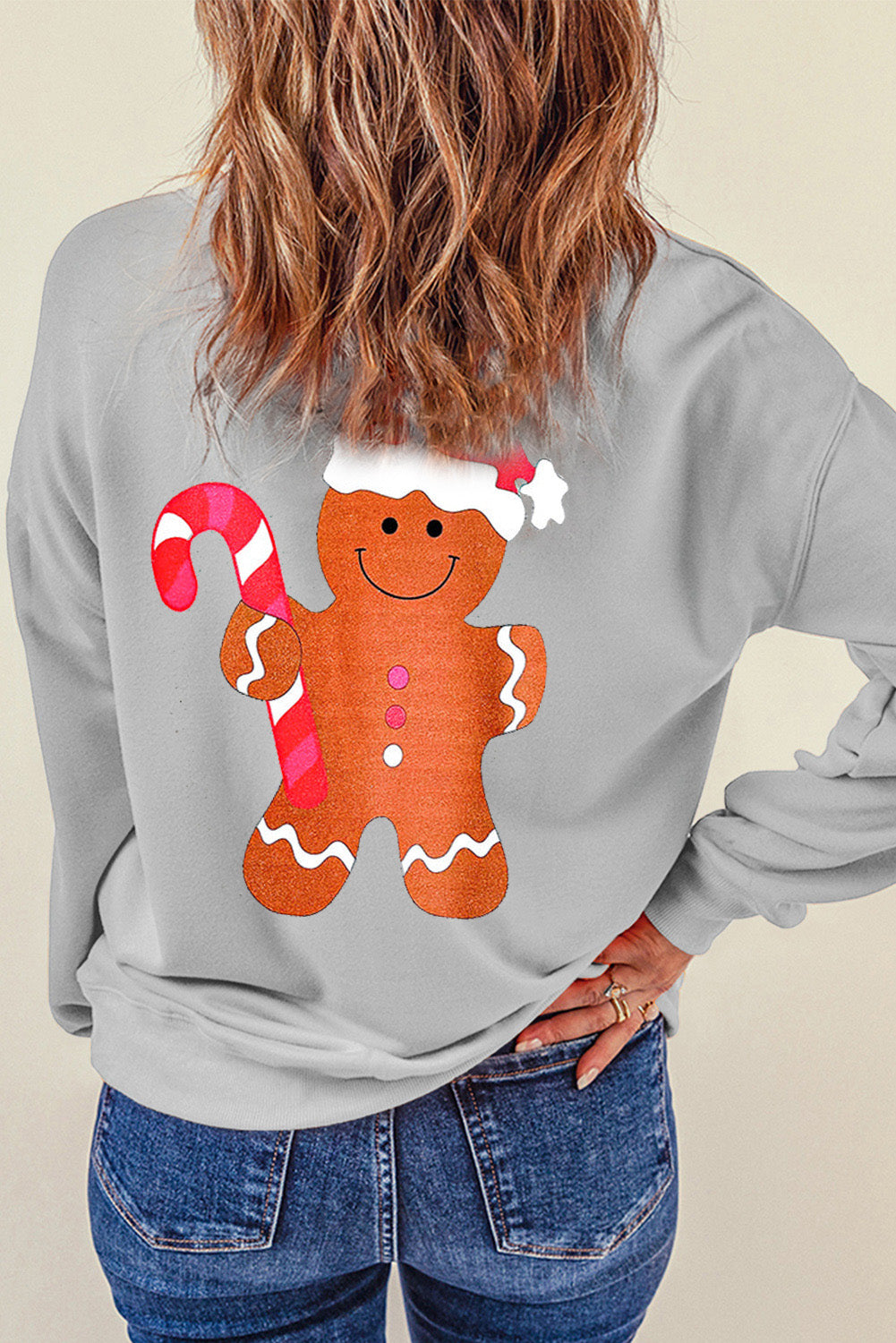 Gray Christmas Gingerbread Man Crew Neck Graphic Sweatshirt Gray 70%Polyester+30%Cotton Graphic Sweatshirts JT's Designer Fashion