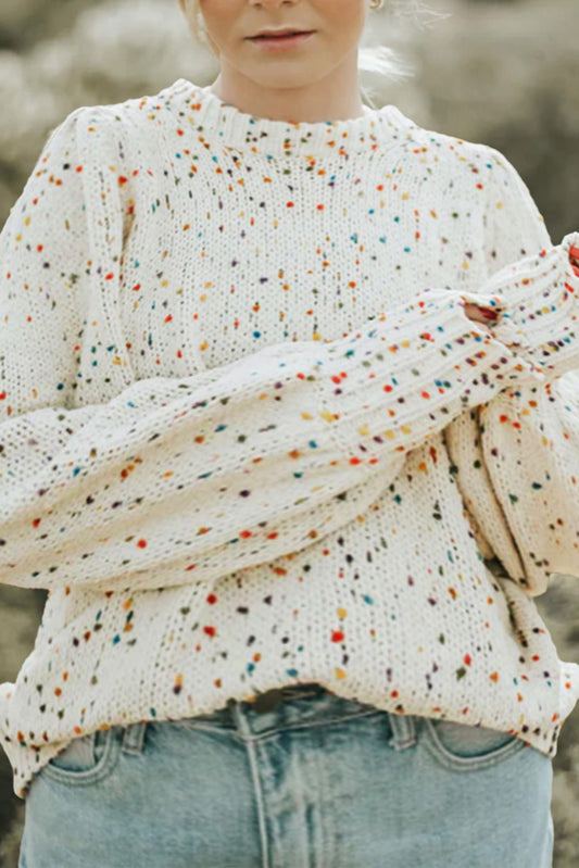 Beige Plus Size Rainbow Dotted Pattern Knit Sweater Plus Size JT's Designer Fashion