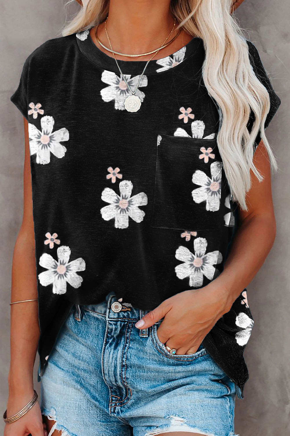 Black Floral Cap Sleeve T-Shirt with Pocket Tops & Tees JT's Designer Fashion