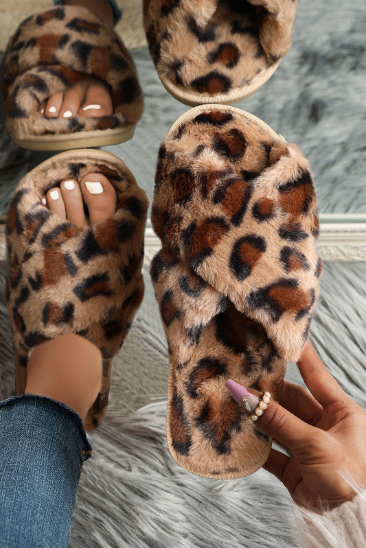 Brown Leopard Crossed Straps Furry Slippers Slippers JT's Designer Fashion