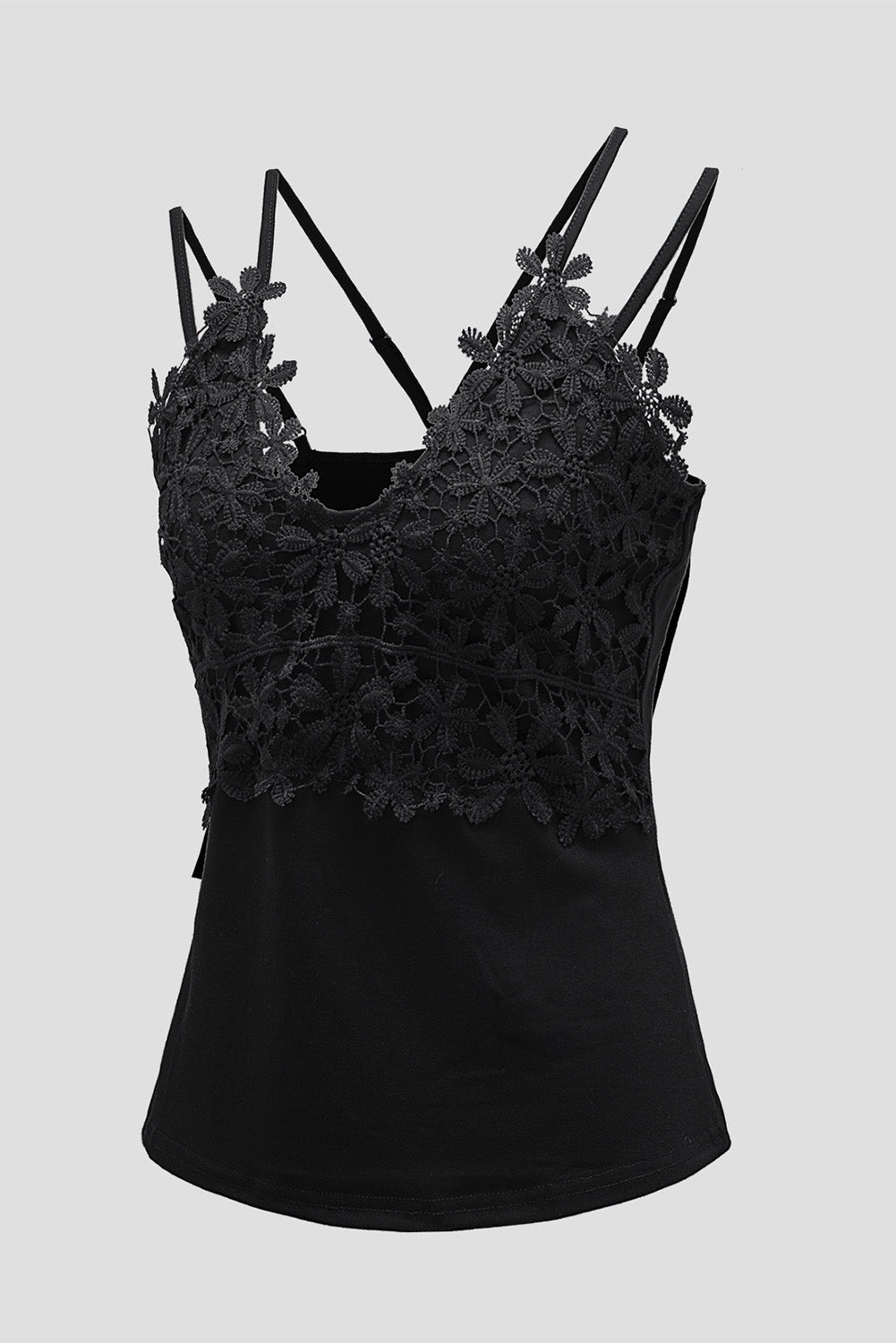 Black Lace Overlay Strappy Hollow-out Tank Top Tank Tops JT's Designer Fashion