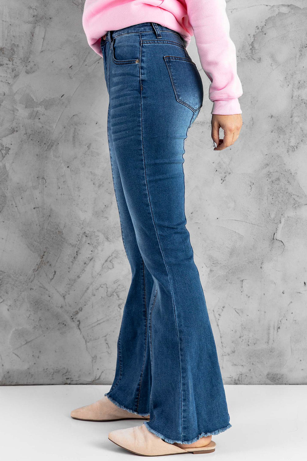 Blue Raw Hem Flared Jeans with Pockets Jeans JT's Designer Fashion
