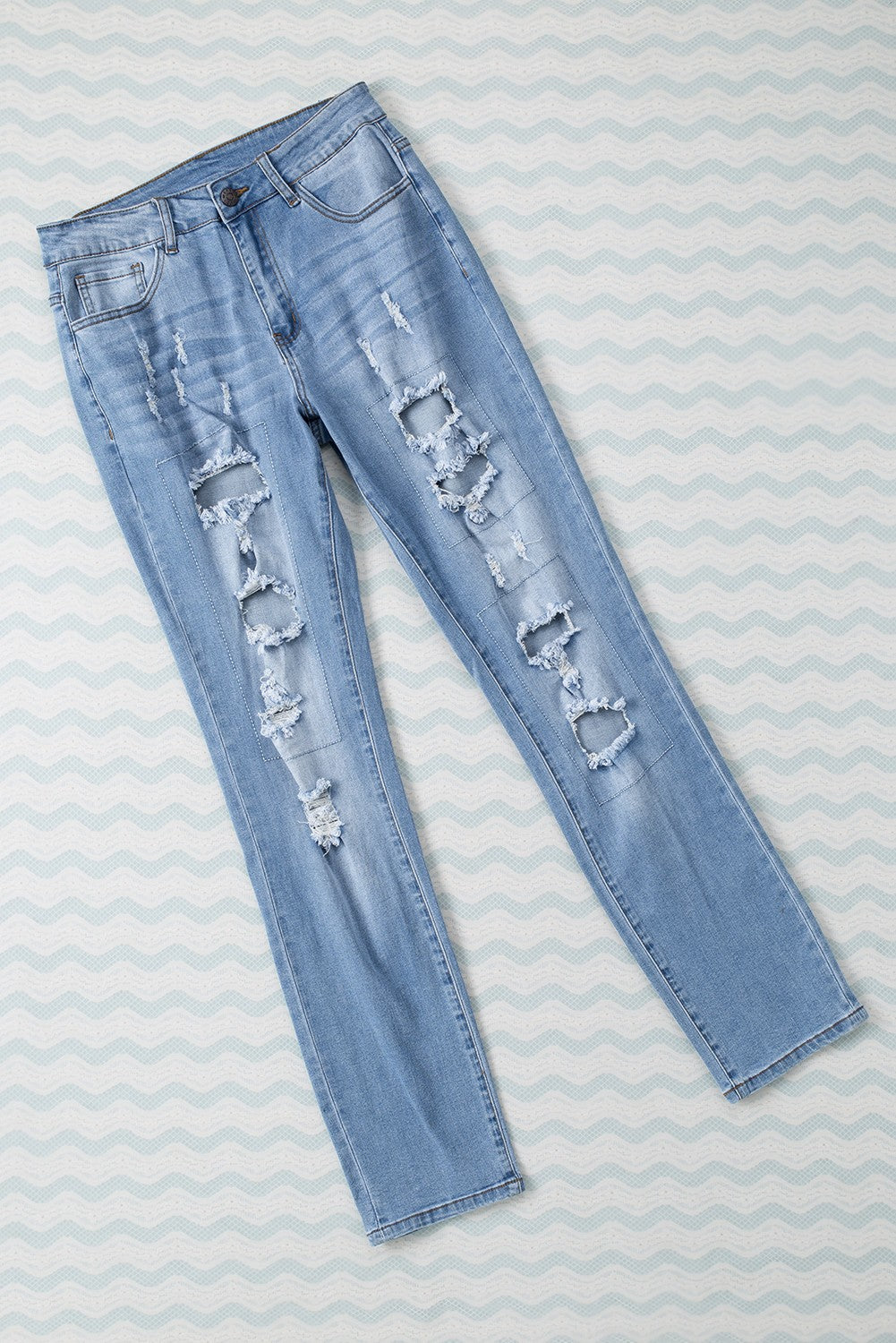 Sky Blue Buttoned Pockets Distressed Jeans Jeans JT's Designer Fashion