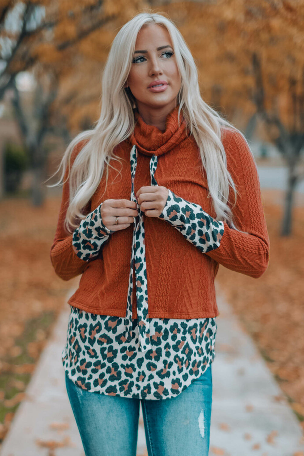 Leopard Patchwork Cowl Neck Knit Top Long Sleeve Tops JT's Designer Fashion